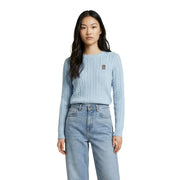 Pull en maille torsadée bleu clair en coton, col rond et petit logo brodé, de la marque Jacqueline de Yong pour femme.