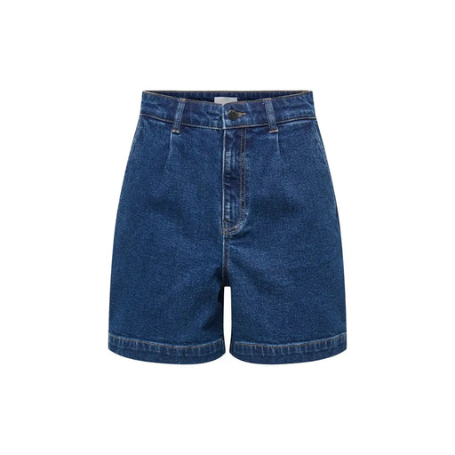 Jacqueline De Yong Short en denim bleu pour femme, taille haute, délavage bleu moyen, coutures apparentes et fermeture boutonnée.
