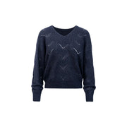 Jacqueline De Yong Pull en maille pailletée bleue pour femme, col en V bleu marine et motif chevron.