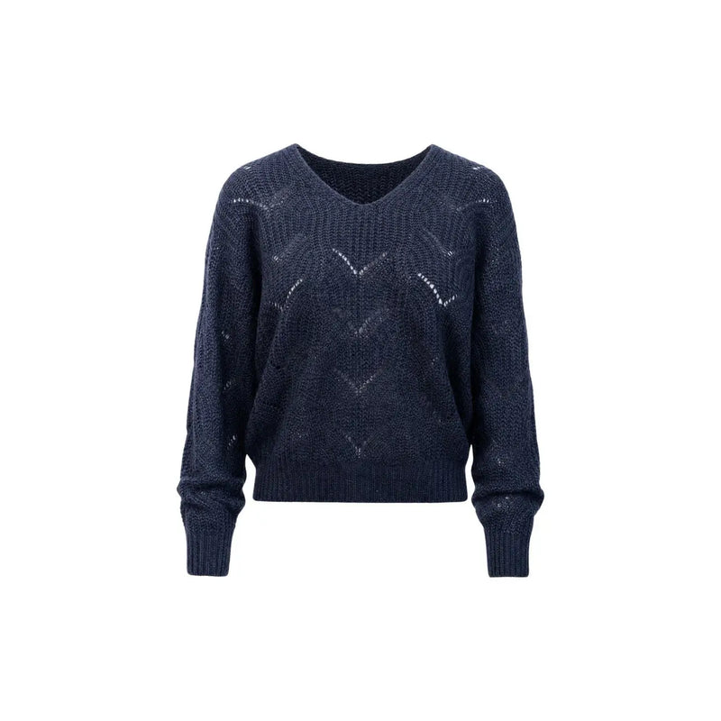 Jacqueline De Yong Pull en maille pailletée bleue pour femme, col en V bleu marine et motif chevron.