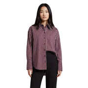 A Jacqueline De Yong women Bordeaux striped cotton shirt with maroon and white vertical stripes and long sleeves