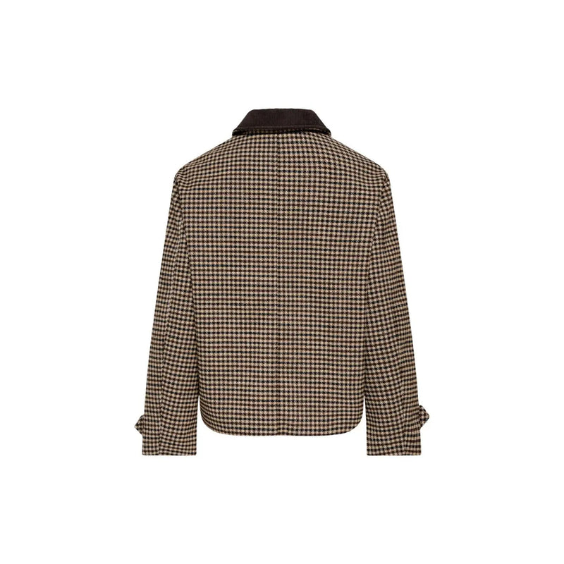 Jacqueline de yong women brown checked blazer with beige houndstooth pattern dark brown wool blend collar