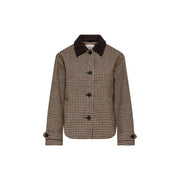 Jacqueline de yong women brown checked blazer wool blend with brown and beige houndstooth and dark brown collar