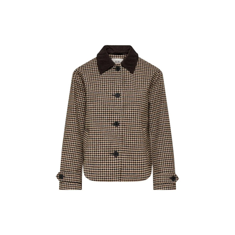Jacqueline de yong women brown checked blazer wool blend with brown and beige houndstooth and dark brown collar