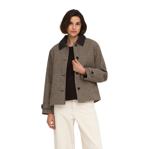 Blazer Jacqueline de Yong pour femme, en laine mélangée à carreaux marron, avec motif pied-de-poule beige et noir court, col et poignets foncés.