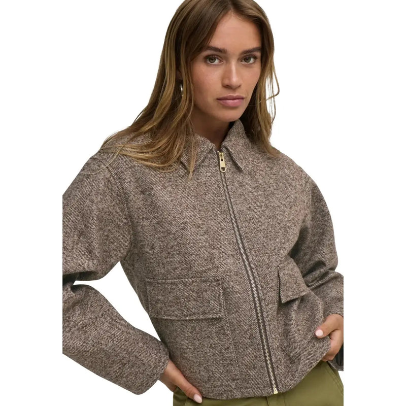 Jacqueline de yong women brown herringbone polyester blazer with front zipper and two flap pockets