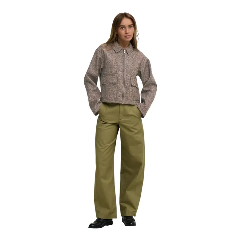 Jacqueline de yong women brown herringbone polyester blazer with textured muted gray zip-up jacket style and front pockets