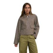 Jacqueline de Yong women brown herringbone polyester blazer with textured muted brown tweed and front zipper closure