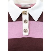 Pull polo marron en maille pour femme Jacqueline de yong, col blanc, boutons dorés, rayures rose poudré et bordeaux