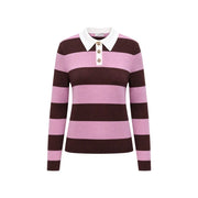 Pull polo marron à rayures roses et marron pour femme Jacqueline de yong, col blanc et boutons décoratifs