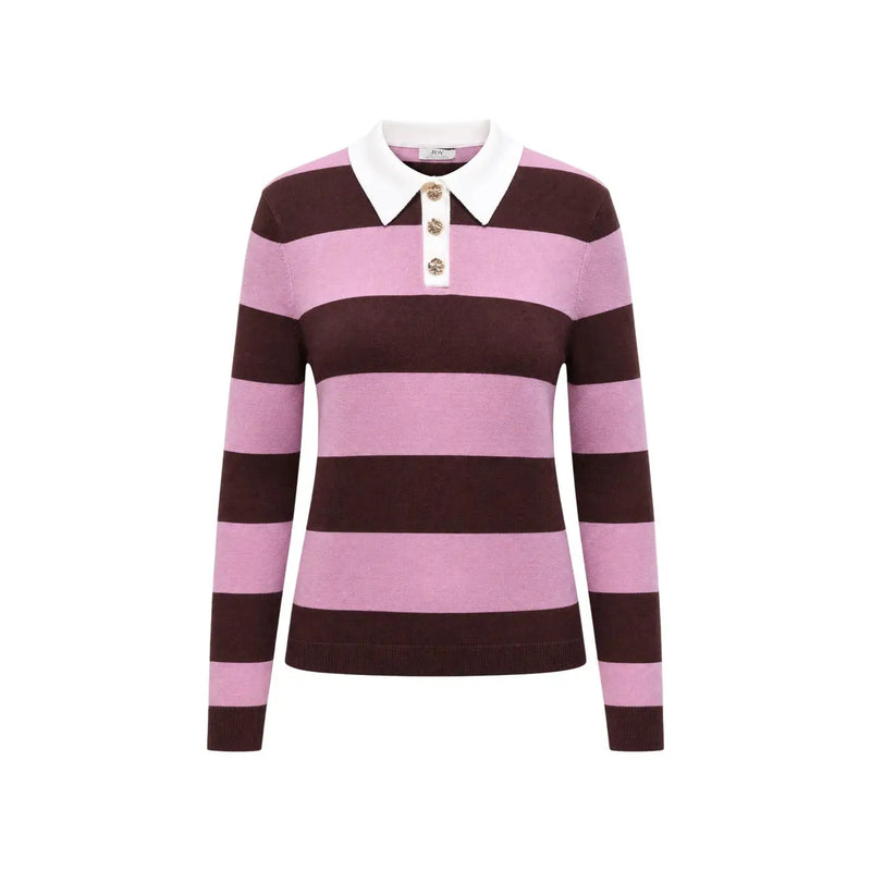 Pull polo marron à rayures roses et marron pour femme Jacqueline de yong, col blanc et boutons décoratifs