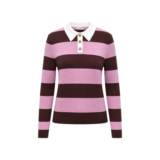 Pull polo marron à rayures roses et marron pour femme Jacqueline de yong, col blanc et boutons décoratifs
