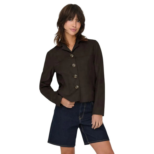 Jacqueline De Yong Veste blazer en daim marron pour femme, manches longues marron foncé, fermeture boutonnée et boutons métalliques