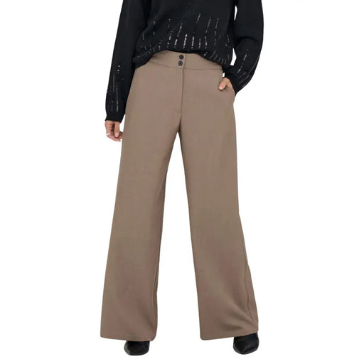 Jacqueline De Yong beige high-waist wide-leg brown trousers with front buttons