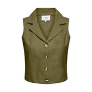 Gilet en lin vert olive Jacqueline de Yong avec boutons dorés et col cranté en coton et lin.