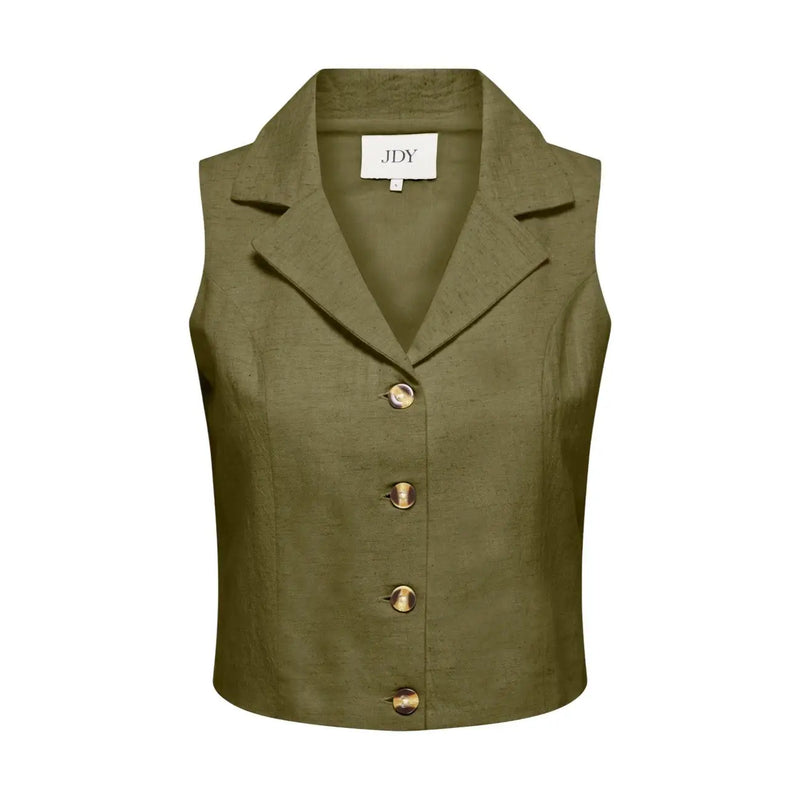 Gilet en lin vert olive Jacqueline de Yong avec boutons dorés et col cranté en coton et lin.