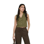 Gilet sans manches en coton et lin vert pour femme, avec boutons dorés, de la marque Jacqueline de Yong