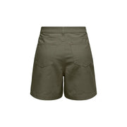 Olive green cotton pleated denim shorts for women by jacqueline de yong shown from the back with two pockets and button closure