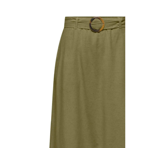 Jupe ceinturée en lin mélangé vert olive avec boucle de ceinture ronde dorée, signée Jacqueline de Yong.