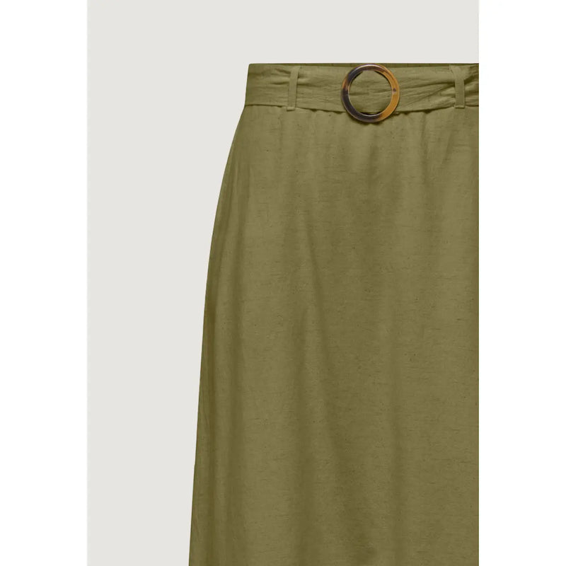 Jacqueline de yong women green linen blend belted skirt with olive green fabric and gold toned circular belt buckle