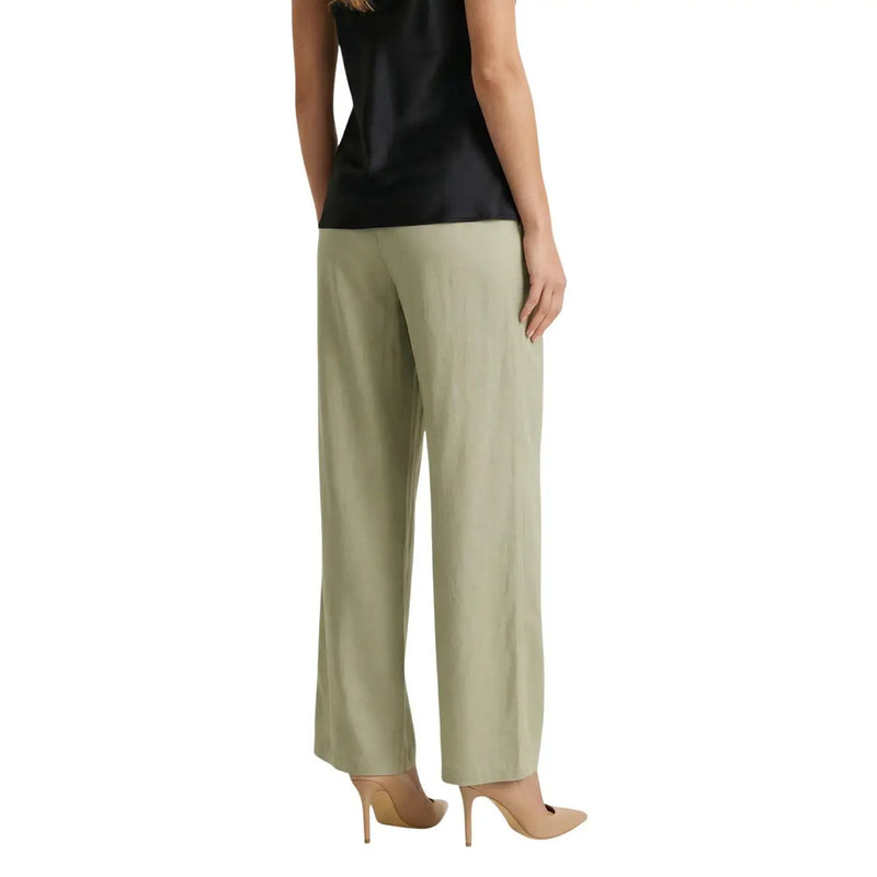 Pantalon large en lin vert olive à lacets, confectionné dans un tissu fluide et lisse, par Jacqueline de Yong pour femme.