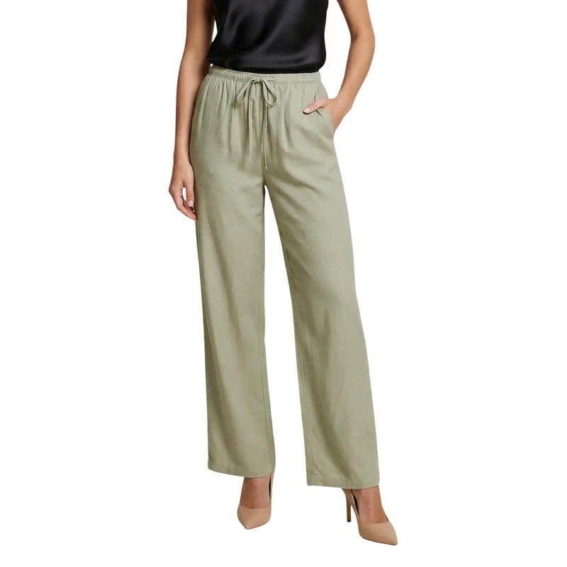 Pantalon en lin vert pour femme Jacqueline de yong, orné de lacets, avec une taille élastiquée à cordon.