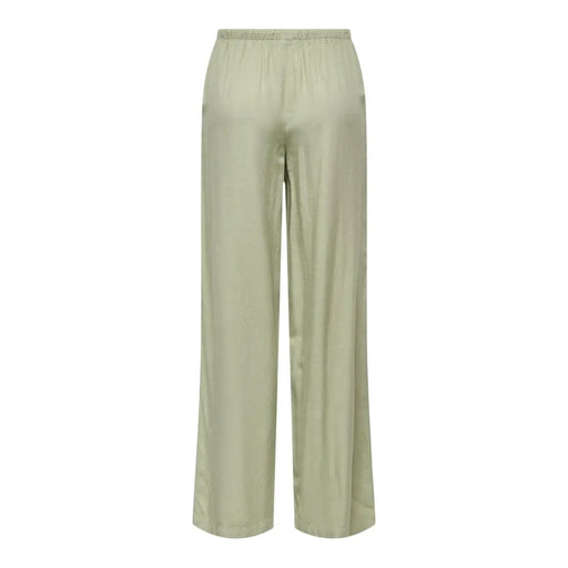Un pantalon large en lin vert pour femme de Jacqueline de Yong, avec lacets et taille élastiquée en satin sauge clair.