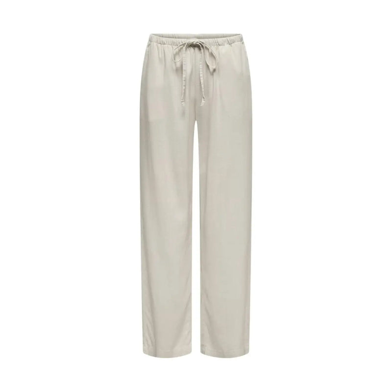 Pantalon en lin gris pour femme Jacqueline de Yong, coupe classique, présenté ici en satin beige à jambes larges avec taille élastiquée et cordon de serrage.