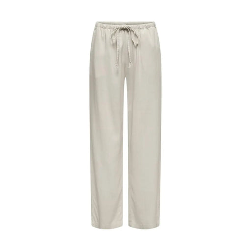 Pantalon en lin gris pour femme Jacqueline de Yong, coupe classique, présenté ici en satin beige à jambes larges avec taille élastiquée et cordon de serrage.