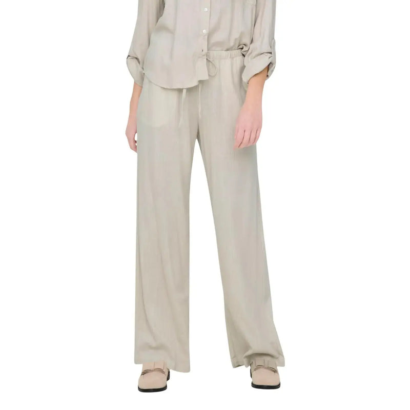 Pantalon en lin gris pour femme Jacqueline de yong, coupe classique, jambes larges beiges, taille élastiquée avec cordon de serrage et plis discrets