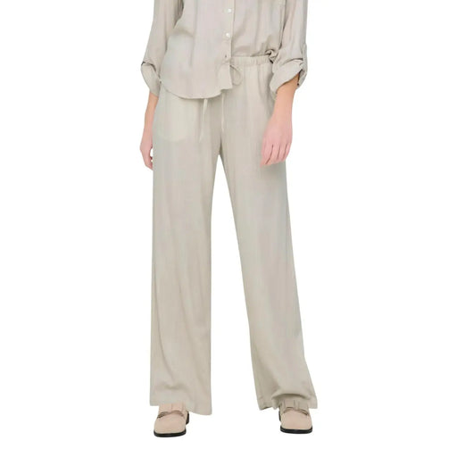 Pantalon en lin gris pour femme Jacqueline de yong, coupe classique, jambes larges beiges, taille élastiquée avec cordon de serrage et plis discrets