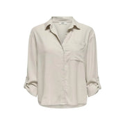 Beige J.ey button-down blouse with rolled cuffs and chest pocket in Jacqueline de Yong grey linen V neck loose shirt style