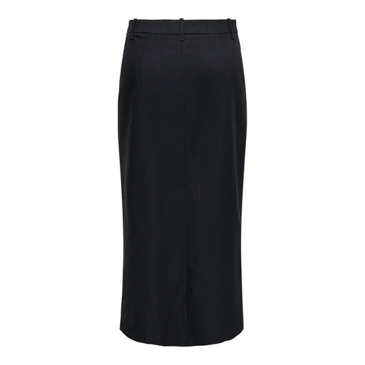 Jupe midi noire taille haute, coupe droite élégante et coutures discrètes sur le devant, en mélange de polyester.