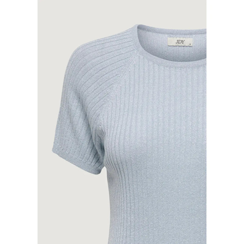 Jacqueline de Yong women light blue ribbed knit viscose short-sleeved t shirt with round neckline and subtle shimmer