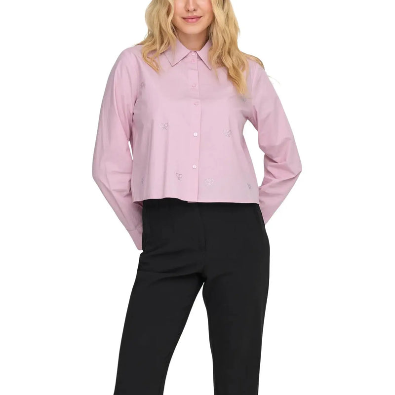 A soft pink cotton long-sleeved button-up shirt with subtle embroidered details by Jacqueline De Yong women