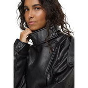 Jacqueline de yong women black polyurethane bomber jacket with high collar and buttoned black leather moto jacket details