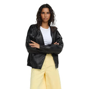 Jacqueline de yong women black polyurethane bomber jacket featuring a textured surface and snap button cuffs