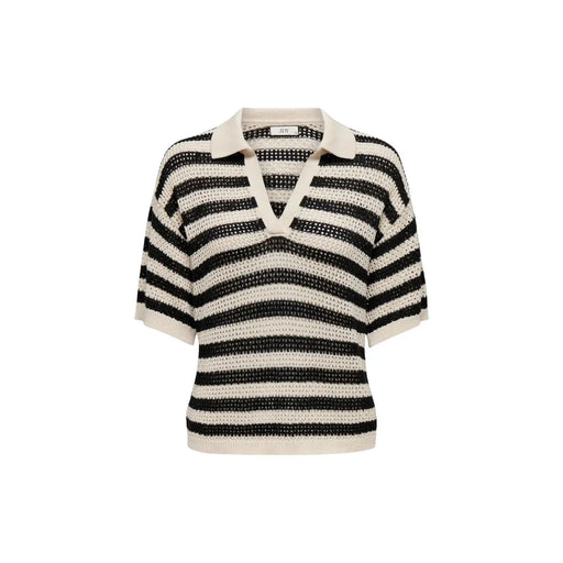 Pull polo rayé pour femme Jacqueline de Yong en maille noire et crème avec motif ajouré texturé