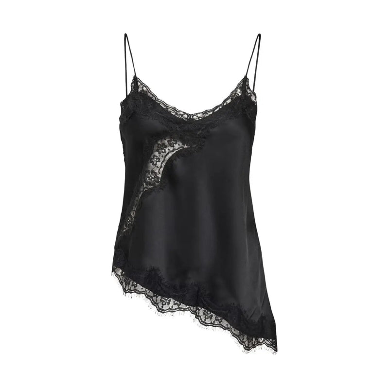 Débardeur en satin noir avec bordure en dentelle délicate et ourlet asymétrique, en polyester, de la marque Jacqueline de Yong, taille S.