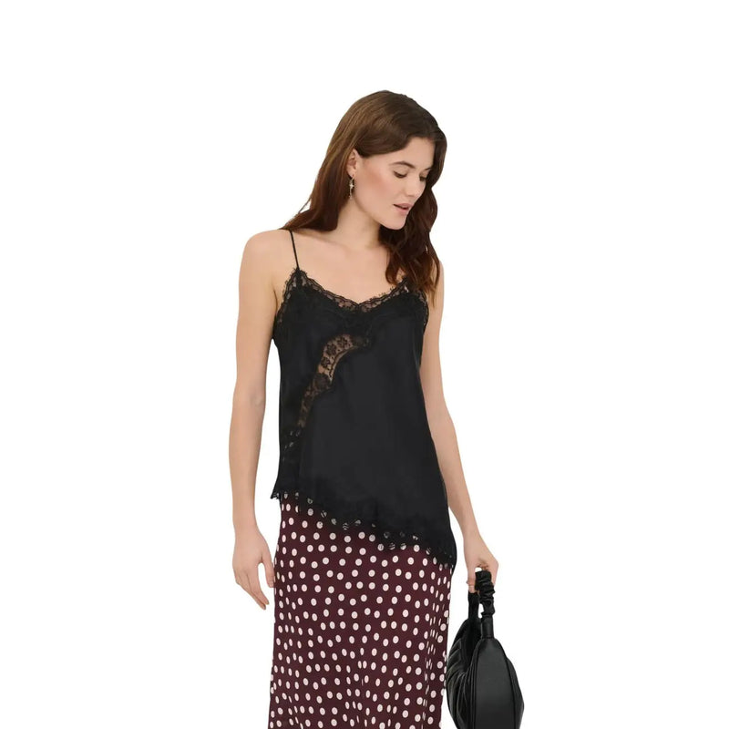 Débardeur femme Jacqueline de Yong top Débardeur en soie noire avec bordure en dentelle noire asymétrique, en polyester, taille S