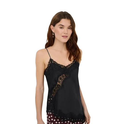 Jacqueline De Yong femmes tank top Polyester satiné noir avec bordure en dentelle asymétrique et broderie florale sur le côté