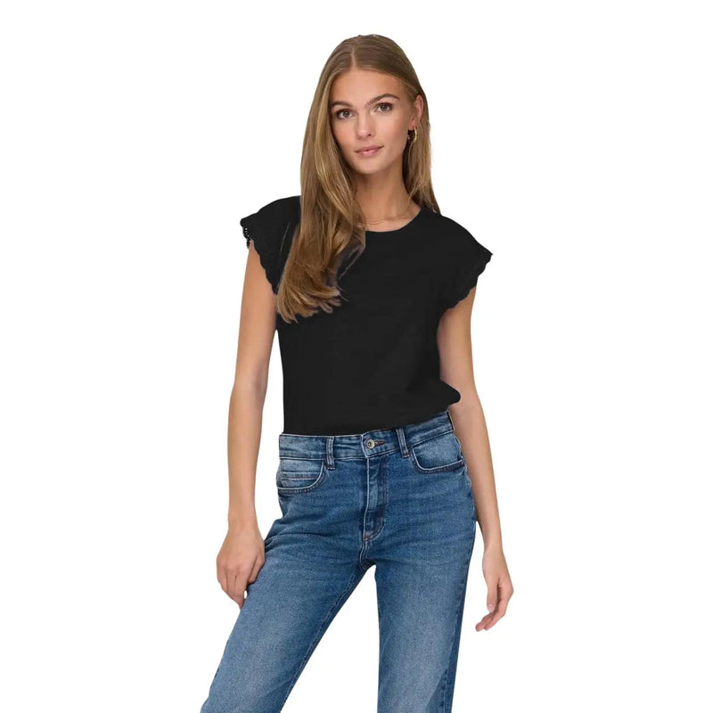 Réservoir noir top à manches volantées de Jacqueline de Yong, en coton avec détails en crochet blanc