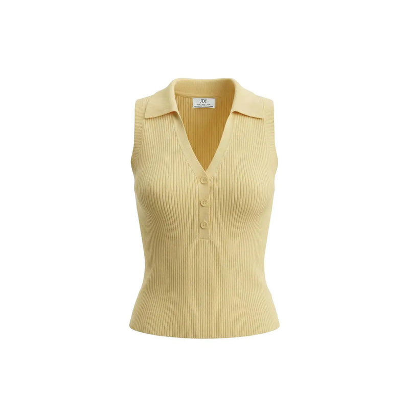 Débardeur femme Jacqueline de Yong top Col boutonné en V jaune pâle, sans manches, en maille côtelée.