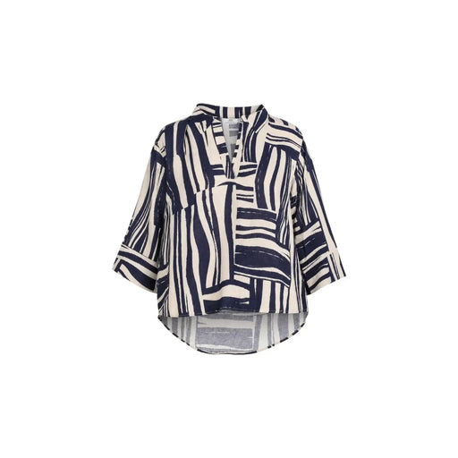 Jacqueline de Yong femmes top Chemisier en viscose à rayures abstraites bleu marine et blanc cassé, coupe décontractée, manches 3/4