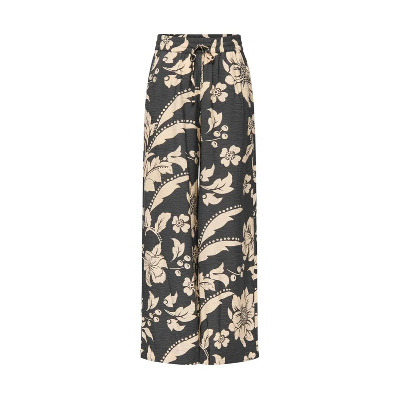 Pantalon large noir en viscose pour femme Jacqueline de yong, orné d'une élégante dentelle florale crème et de coutures à pois.