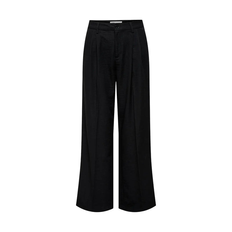 Pantalon noir à jambes larges pour femme Jacqueline de Yong, coupe cintrée élégante, plis discrets sur le devant, fermeture éclair et poches.