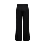 Pantalon noir pour femme Jacqueline de yong, coupe large, fermeture éclair sur le devant et tissu lisse et brillant.