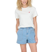 Jacqueline De Yong women white cotton round neck t shirt with small red heart embroidered on the left chest