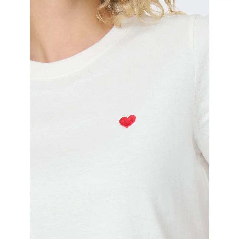 Jacqueline de yong women white cotton round neck t shirt with small red embroidered heart on the chest
