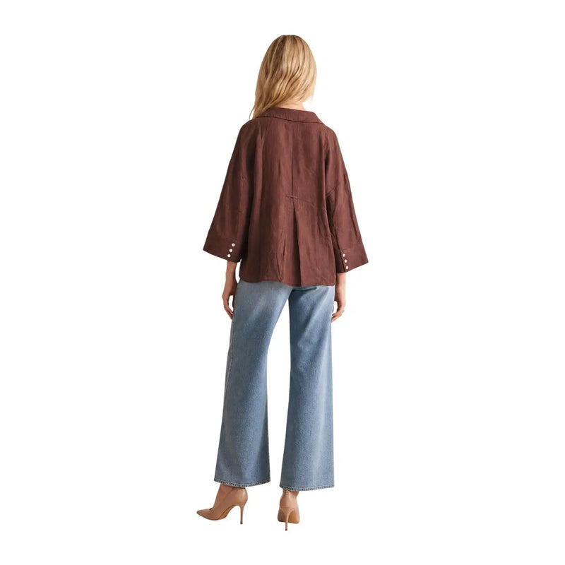 Brown linen blazer with three quarter sleeves and button details from jdy women viscose classic shirt collection